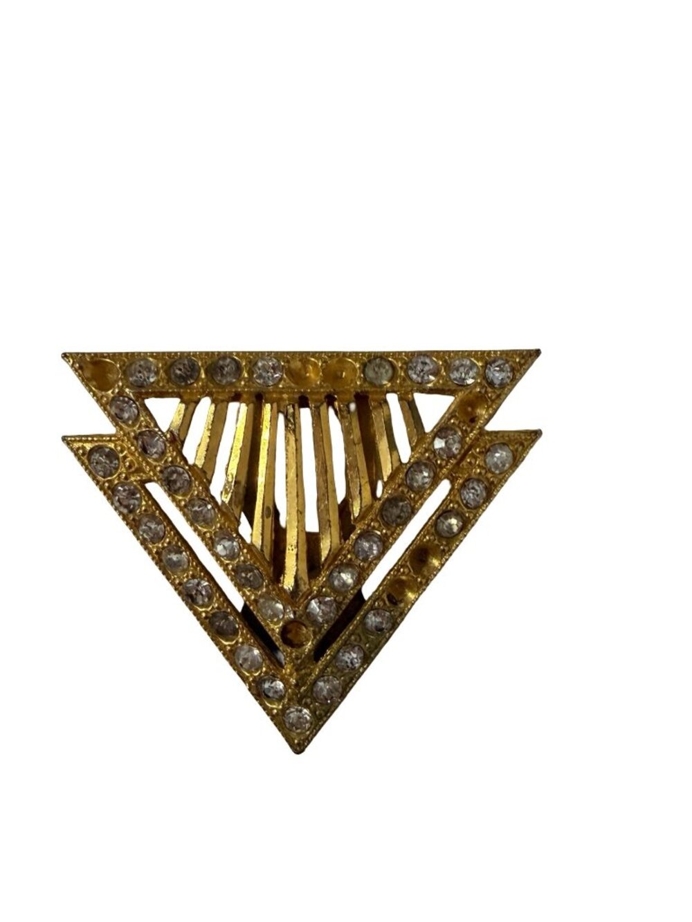 Vintage Art Deco Rhinestone Sweater Clip Triangle Dress Clip Gold Tone Geometric